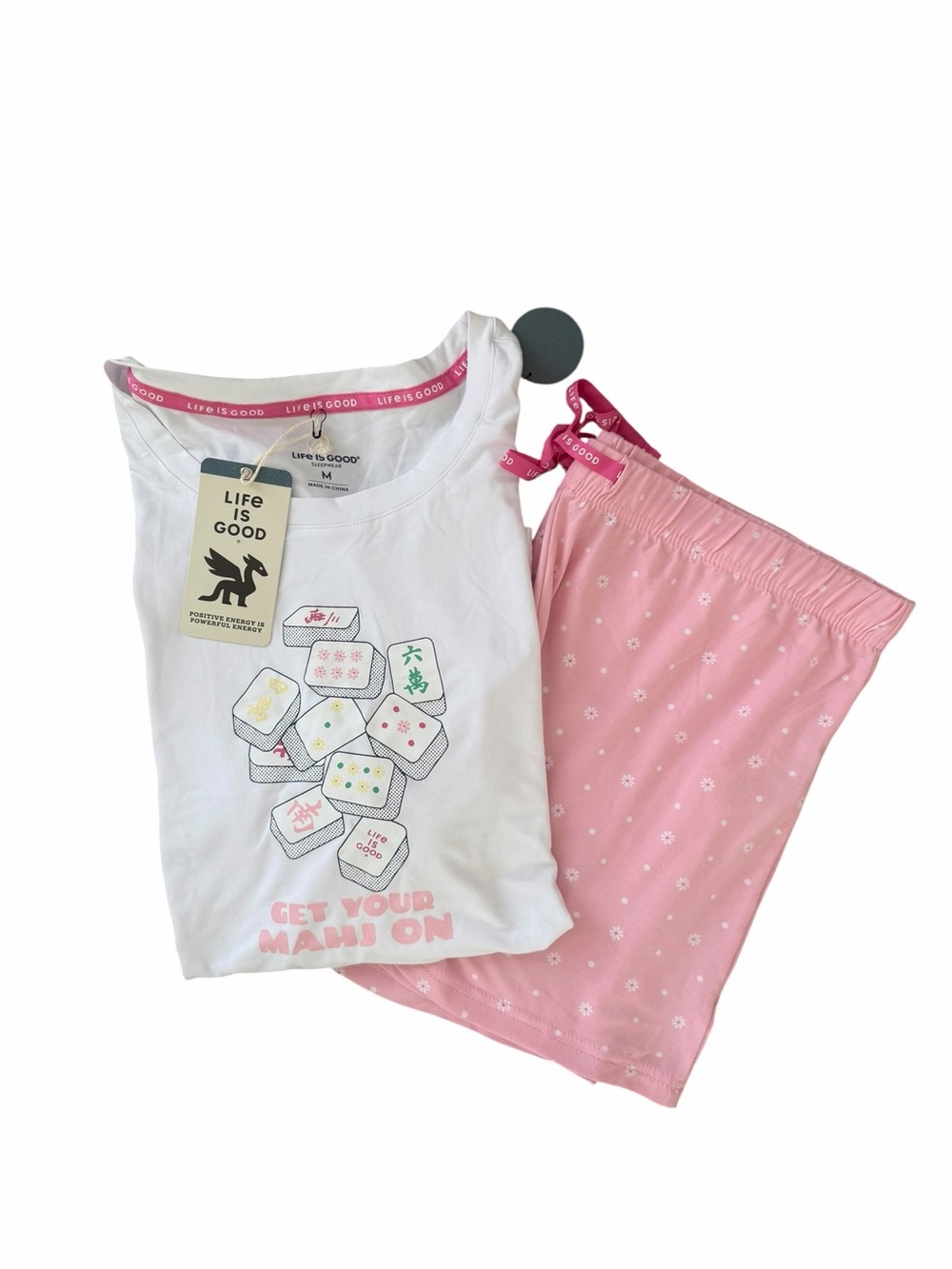 Life Is Good White & Pink Mahjong Short-Sleeve Pajama Set